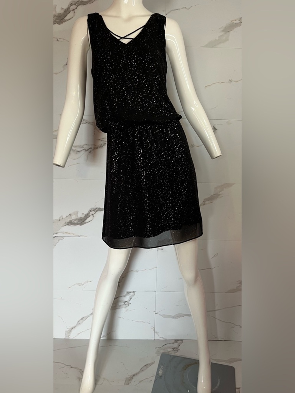 Reitmans Signature Black Party Mini Dress Metallic Rose Gold Speckle Size S